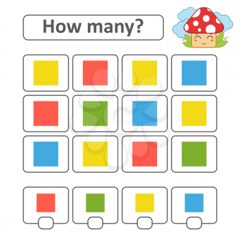 Counting game for preschool children. Count as many squares in the picture and write down the result. With a place for answers. Simple flat isolated vector illustration