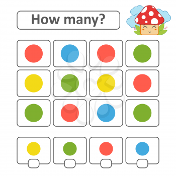 Counting game for preschool children. Count as many circles in the picture and write down the result. With a place for answers. Simple flat isolated vector illustration