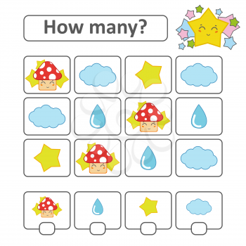 Counting game for preschool children. Count as many objects in the picture. Mushroom, cloud, drop, star. With a place for answers. Simple flat isolated vector illustration
