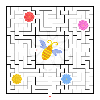 A square labyrinth. Help the bee to find a way out and collect honey from all colors. Simple flat isolated vector illustration