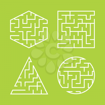 A set of labyrinths for children. A square, a circle, a hexagon, a triangle. A simple flat vector illustration isolated on a green background