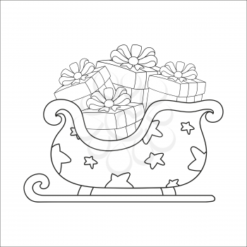 Christmas sleigh santa claus with gifts. Coloring book for kids. Cartoon character. Vector illustration. Black contour silhouette. Isolated on white background.