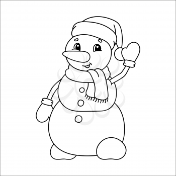 Coloring book for kids. Christmas snowman in a hat and scarf waving. Cartoon character. Vector illustration. Black contour silhouette. Isolated on white background.