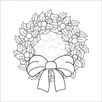 Coloring book for kids. Christmas wreath of holly leaves and berries decorated with a bow. Cartoon character. Vector illustration. Black contour silhouette. Isolated on white background.