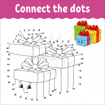 Dot to dot game. Draw a line. Holiday boxes with gifts decorated with ribbons with bows. For kids. Activity worksheet. Coloring book. With answer. Cartoon character.