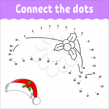 Dot to dot game. Draw a line. Santa claus fur hat with holly. For kids. Activity worksheet. Coloring book. With answer. Cartoon character.
