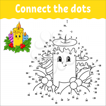 Dot to dot game. Draw a line. Christmas burning candles decorated with holly leaves. For kids. Activity worksheet. Coloring book. With answer. Cartoon character.
