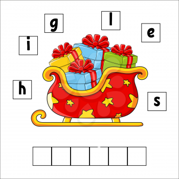 Words puzzle. Sleigh. Education developing worksheet. Learning game for kids. Activity page. Puzzle for children. Riddle for preschool. Vector illustration in cute cartoon style.