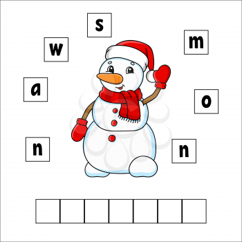Words puzzle. Snowman. Education developing worksheet. Learning game for kids. Activity page. Puzzle for children. Riddle for preschool. Vector illustration in cute cartoon style.