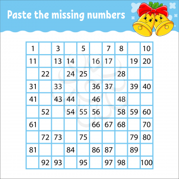 Paste the missing numbers from 1 to 100. Handwriting practice. Learning numbers for kids. Education developing worksheet. Activity page. Game for children. Isolated vector illustration.