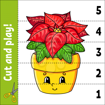 Learning numbers 1-5. Cut and play. Poinsettia flower. Education worksheet. Game for kids. Color activity page. Puzzle for children. Riddle for preschool. Vector illustration. Cartoon style.