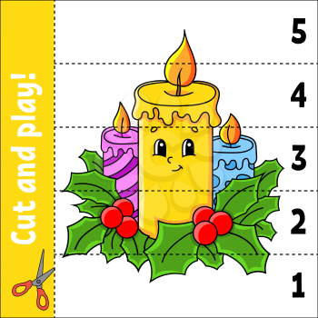 Learning numbers 1-5. Cut and play. Christmas candles. Education worksheet. Game for kids. Color activity page. Puzzle for children. Riddle for preschool. Vector illustration. Cartoon style.