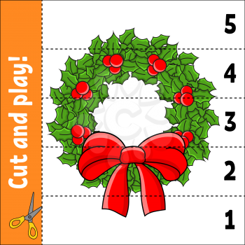 Learning numbers 1-5. Cut and play. Christmas wreath. Education worksheet. Game for kids. Color activity page. Puzzle for children. Riddle for preschool. Vector illustration. Cartoon style.