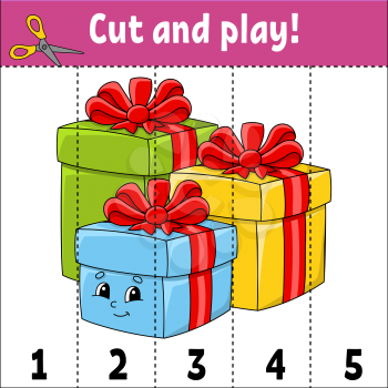 Learning numbers 1-5. Cut and play. Holiday gifts. Education worksheet. Game for kids. Color activity page. Puzzle for children. Riddle for preschool. Vector illustration. Cartoon style.