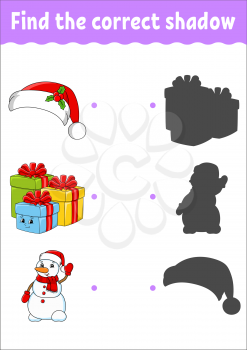 Find the correct shadow. Christmas theme. Education developing worksheet. Matching game for kids. Color activity page. Puzzle for children. Cute character. Vector illustration. Cartoon style.