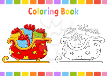 Coloring book for kids. Christmas sleigh. Cartoon character. Vector illustration. Fantasy page for children. Black contour silhouette. Isolated on white background.