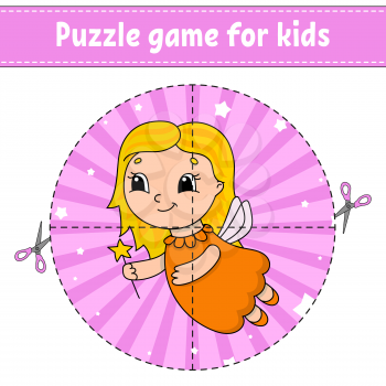 Cut and play. Round puzzle. Tooth Fairy. Logic puzzle for kids. Activity page. Cutting practice for preschool. Cartoon character.
