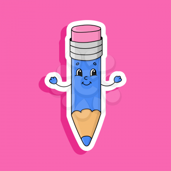 Wooden pencil with eraser. Bright color sticker. Cartoon character. Vector illustration. Design element. With white contour.