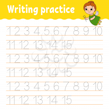 Trace and write. Number 1-15. Handwriting practice. Learning numbers for kids. Activity worksheet. Cartoon character.