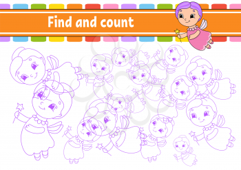 Find and count. Elderly fairy. Education developing worksheet. Activity page. Puzzle game for children. Logical thinking training. Isolated vector illustration. Cartoon character.