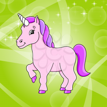 Cute character. Magical unicorn. Colorful vector illustration. Cartoon style. Isolated on color abstract background. Template for your design, books, stickers, posters, cards, clothes.