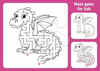 Abstract maze. Fairytale dragon. Game for kids. Puzzle for children. Labyrinth conundrum. Find the right path. Education worksheet. With answer.