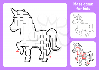 Abstract maze. Magical unicorn. Game for kids. Puzzle for children. Labyrinth conundrum. Find the right path. Education worksheet. With answer.