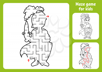 Abstract maze. Brave knight. Game for kids. Puzzle for children. Labyrinth conundrum. Find the right path. Education worksheet. With answer.