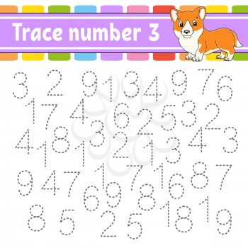 Trace number 3. Handwriting practice. Learning numbers for kids. Education developing worksheet. Activity page. Game for toddlers and preschoolers. Isolated vector illustration in cute cartoon style.