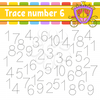 Trace number 6. Handwriting practice. Learning numbers for kids. Education developing worksheet. Activity page. Game for toddlers and preschoolers. Isolated vector illustration in cute cartoon style.