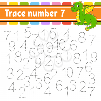 Trace number 7. Handwriting practice. Learning numbers for kids. Education developing worksheet. Activity page. Game for toddlers and preschoolers. Isolated vector illustration in cute cartoon style.
