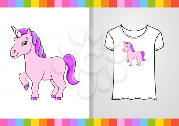 T-shirt design. Magical unicorn. Cute character on shirt. Hand drawn. Colorful vector illustration. Cartoon style. Isolated on white background.
