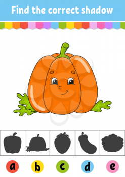 Find the correct shadow. Vegetable pumpkin. Education developing worksheet. Activity page. Color game for children. Isolated vector illustration. Cartoon character.