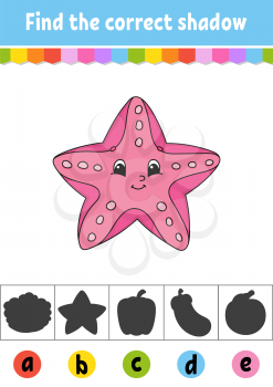 Find the correct shadow. Sea starfish. Education developing worksheet. Activity page. Color game for children. Isolated vector illustration. Cartoon character.