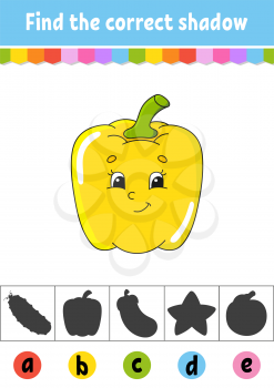 Find the correct shadow. Vegetable pepper. Education developing worksheet. Activity page. Color game for children. Isolated vector illustration. Cartoon character.