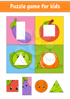 Puzzle game for kids. Cutting practice. Fruits and vegetables. Education developing worksheet. Activity page.Cartoon character.
