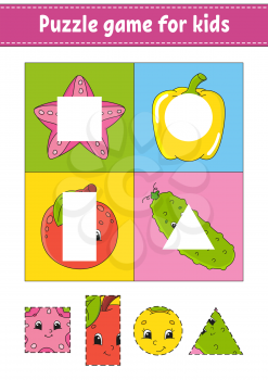 Puzzle game for kids. Cutting practice. Fruits and vegetables. Education developing worksheet. Activity page.Cartoon character.