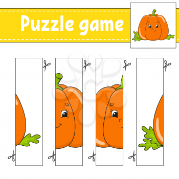 Puzzle game for kids. Vegetable pumpkin. Cutting practice. Education developing worksheet. Activity page.Cartoon character.