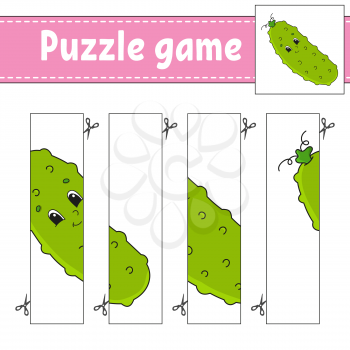 Puzzle game for kids. Vegetable cucumber. Cutting practice. Education developing worksheet. Activity page.Cartoon character.