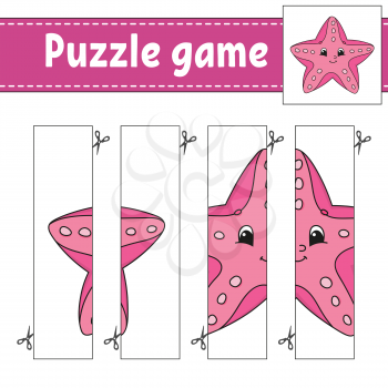 Puzzle game for kids. Cutting practice. Sea starfish. Education developing worksheet. Activity page.Cartoon character.