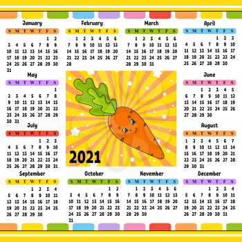 Calendar for 2020 with a cute character. Fun and bright design. Isolated color vector illustration. Cartoon style.