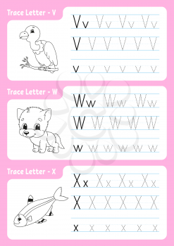 Writing letters. Tracing page. Worksheet for kids. Practice sheet. Learn alphabet. Cute characters. Vector illustration. Cartoon style.