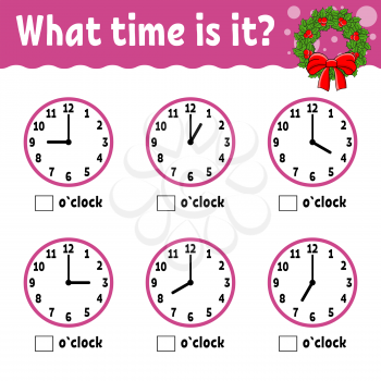 Learning time on the clock. Winter theme. Educational activity worksheet for kids and toddlers. Game for children. Simple flat isolated color vector illustration in cute cartoon style.