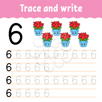Learn Numbers. Trace and write. Winter theme. Handwriting practice. Learning numbers for kids. Education developing worksheet. Color activity page. Isolated vector illustration in cute cartoon style.