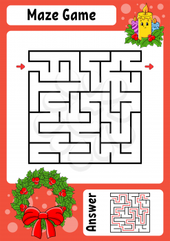 Square maze. Game for kids. Winter theme. Funny labyrinth. Education developing worksheet. Activity page. Cartoon style. Riddle for preschool. Logical conundrum. Color vector illustration.