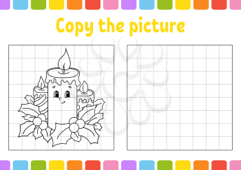 Copy the picture. Winter theme. Coloring book pages for kids. Education developing worksheet. Game for children. Handwriting practice. Funny character. Cute cartoon vector illustration.
