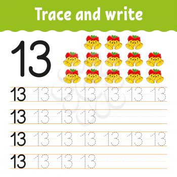 Learn Numbers. Trace and write. Winter theme. Handwriting practice. Learning numbers for kids. Education developing worksheet. Color activity page. Isolated vector illustration in cute cartoon style.