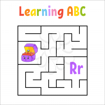Square maze. Game for kids. Quadrate labyrinth. Education worksheet. Activity page. Learning English alphabet. Cartoon style. Find the right way. Color vector illustration.