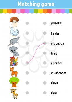 Matching game for kids. Learn English words. Education developing worksheet. Color activity page. Cartoon character.