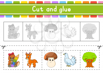 Cut and play. Paper game with glue. Flash cards. Education worksheet. Activity page. Scissors practice. Isolated vector illustration. Cartoon style.